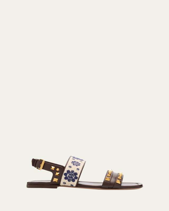 Rockstud Floral Embroidered Slingback Sandals